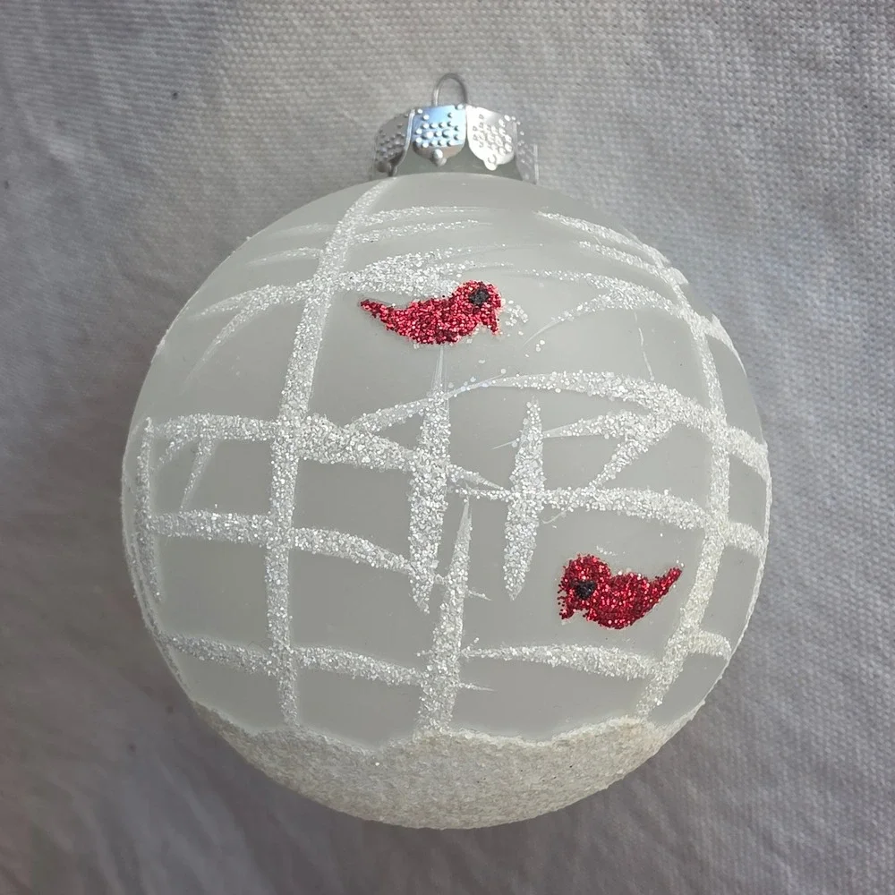 Rauch VTG Glass Christmas Ornament Frosted White Mica Red Cardinal Birch Tree 3